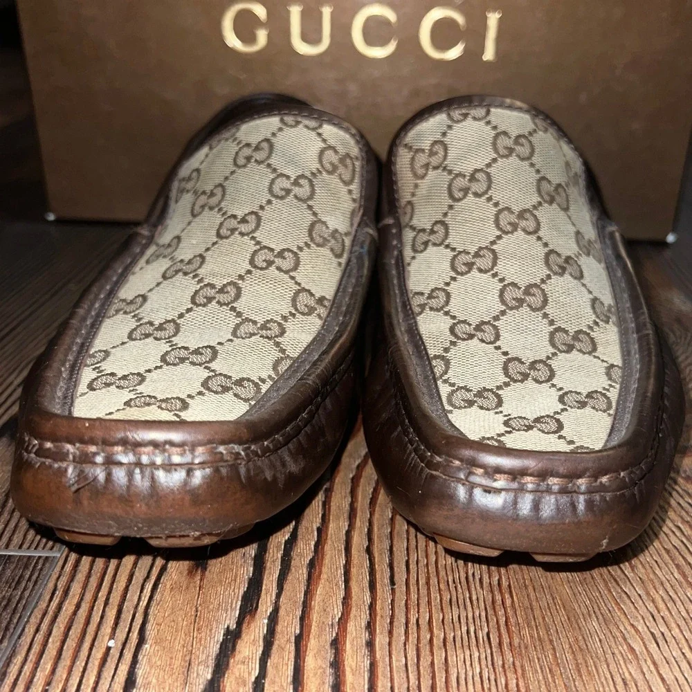 Gucci Mens Florence GG Monogram Driver Loafers Cocoa Brown Leather 153991 Size 9